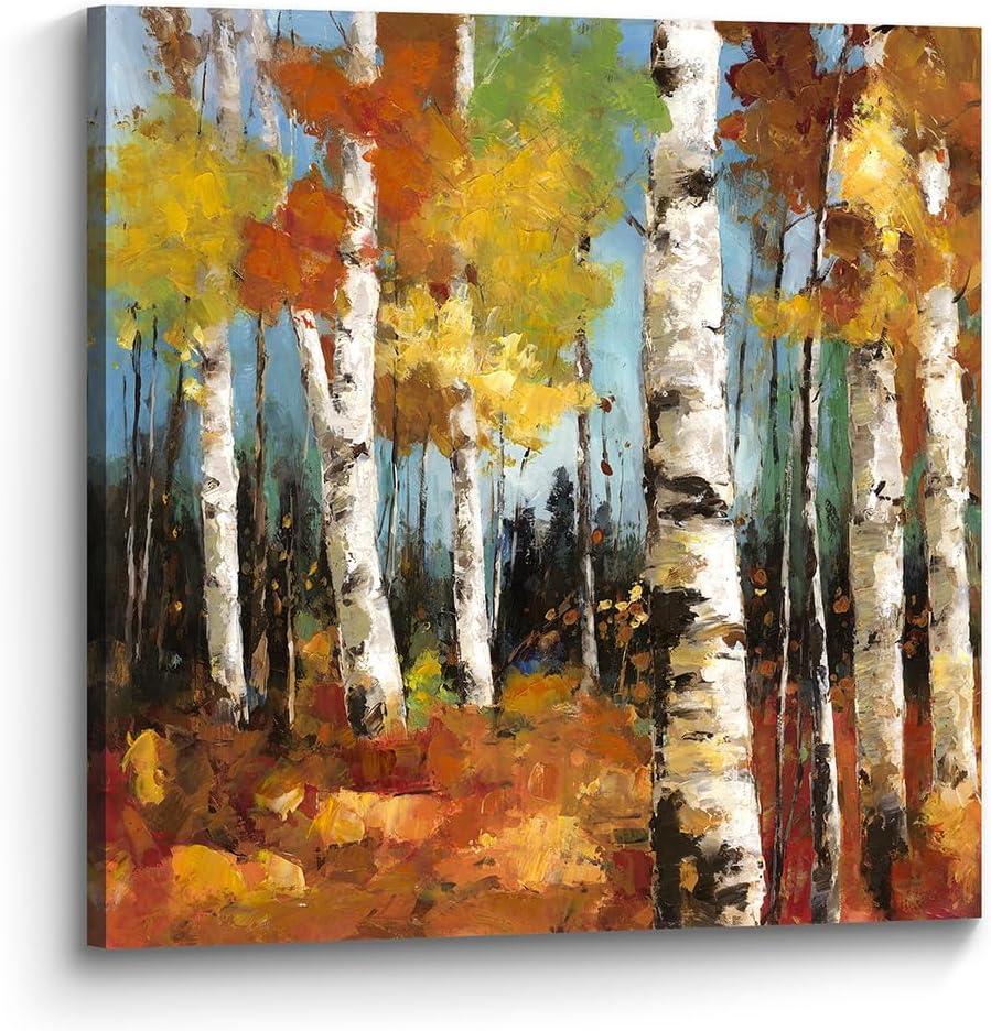 the stream design Birch Tree Artwork Canvas Painting: Trees Wall Art Autumn Forest Nature Landscape Picture Hand Painted Textured Aspen Print Decor for Living Room Bedroom Office Home