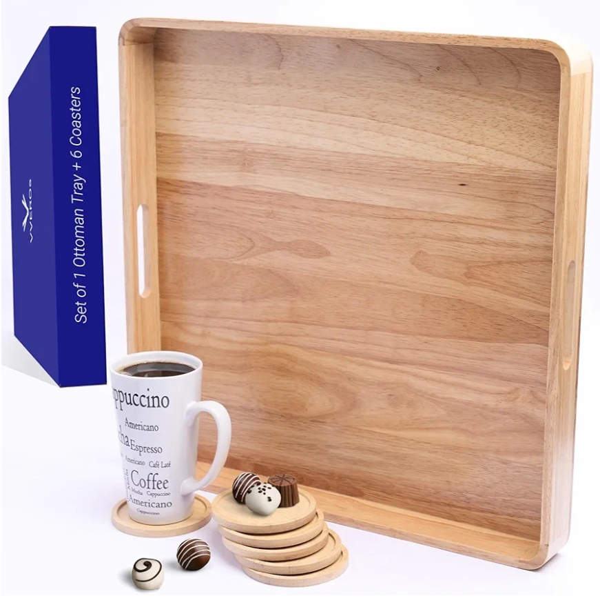 Wooden Ottoman Tray for Living Room – Large 19" Square Serving Tray with Handles & 6 Coasters Set, Ideal for Coffee Table, Couch, Kitchen, Breakfast, Food, Drinks & Home Decor