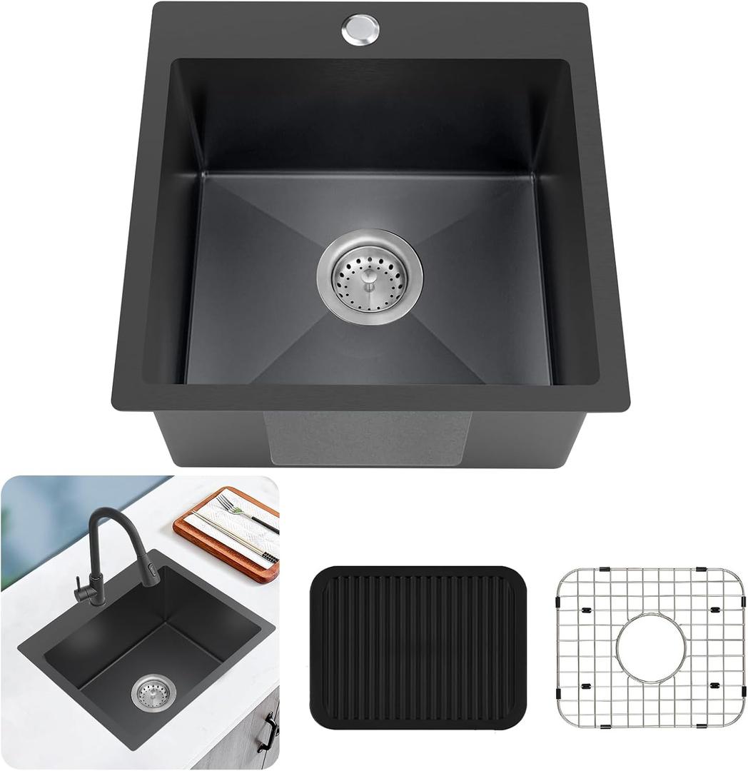 Black Kitchen Sink, Stainless Steel 18 x 18 Inch Top Mount Kitchen&Bar Sink Single Bowl Drop In Sink Set - Stainless Grid, Silicon Mat, Retracable Basket For Modern Stylish Kitchen