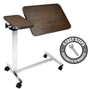 Vaunn Medical Pneumatic Adjustable Tilt Overbed Bedside Table with Wheels for Hospital and Home Use
