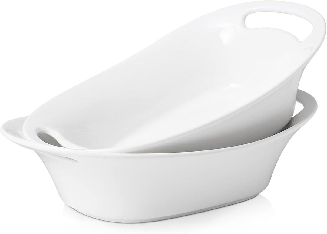 DOWAN Large Serving Bowls with Handles, 60 OZ Oval Serving Platter for Turkey, Fruit Salad Serving Dishes for Entertaining, Porcelain Pasta Bowls for Thanksgiving Day, Parties, Set of 2, Soft White