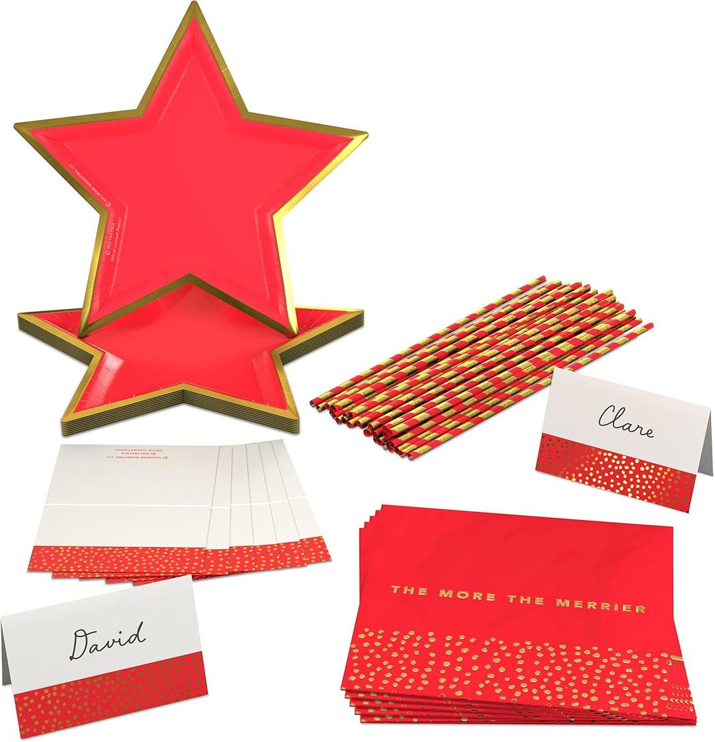 Crayola Color Pop Scarlet Red and Gold Star Party Supplies (12 Paper Plates, 12 Paper Straws, 12 Place cards, 24 Napkins) for Birthdays, Christmas, Graduations, Fourth of July (5CLP1013)