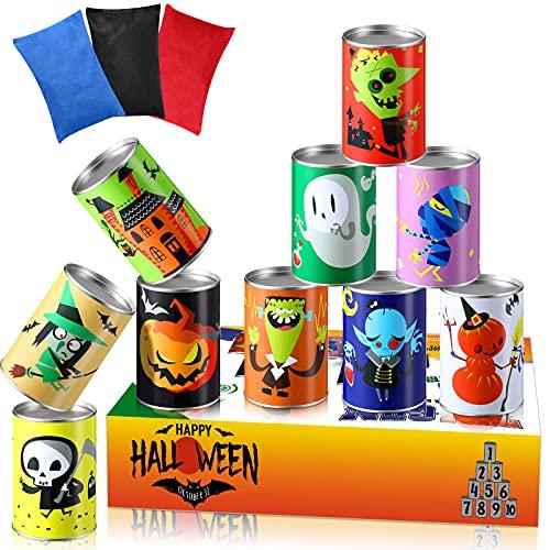 12 Pcs Halloween Party Games for Kids Adults Halloween Carnival Bean Bag Toss Games Metal Cans with 3 Bean Bags in Gift Box Boo Basket Stuffers Gifts for Holiday Trick or Treat Party Supplies