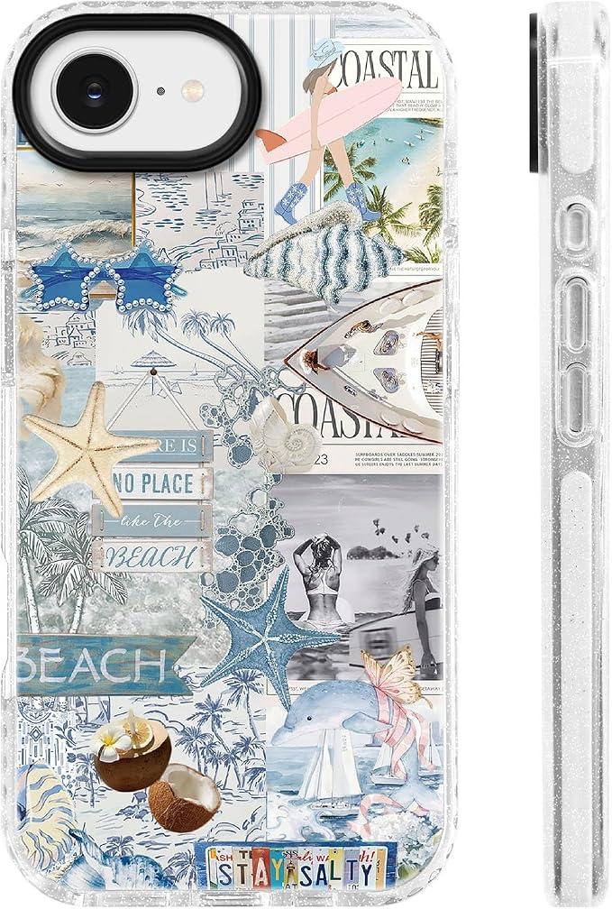 For iPhone 16e & iPhone 17e Case [Military-Grade Drop Protection/Salty TPU Protective/Camera Control/Girls Teens] - Tropical Blue Beach Collage Pattern with Coastal Summer Vibe