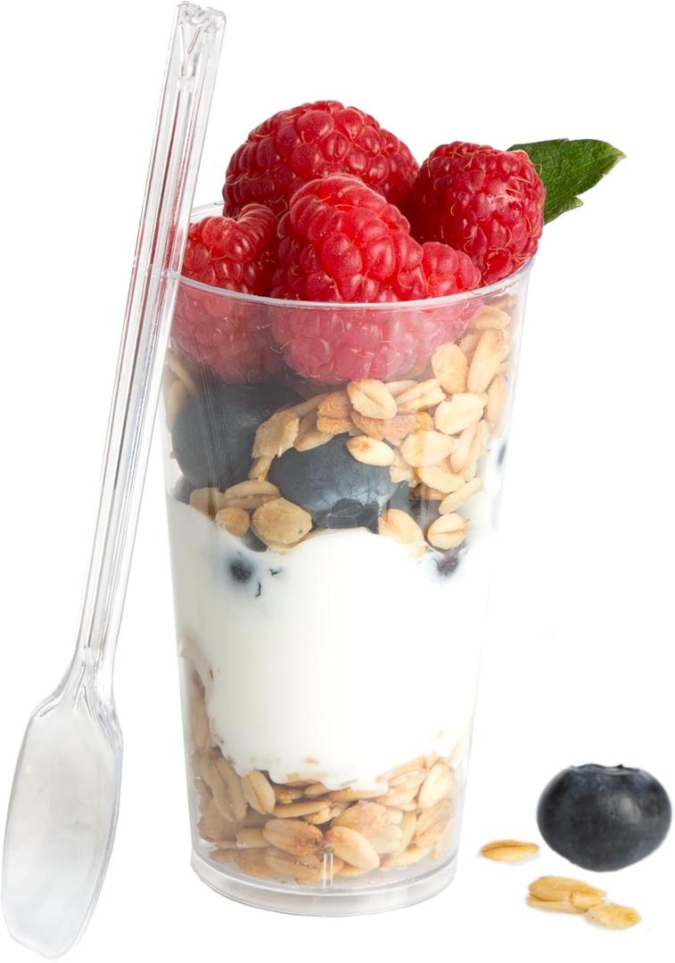 Ilyapa 3oz Plastic Dessert Cups - 50 Pack Mini Dessert Cups with Spoons - Clear Reusable Small Appetizer Cup for Cheesecake Shooters, Chocolate Mousse, Parfait - Party and Catering Supplies - Round