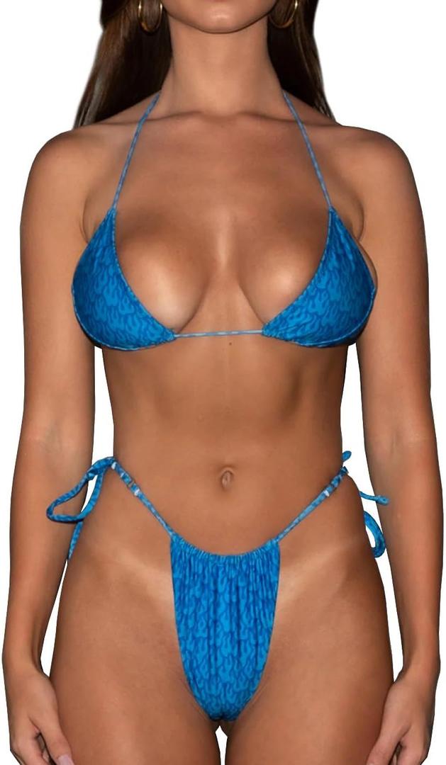 Women Halter String Bikini Flame Printed Two Piece Swimsuit Triangle Sets Spaghetti Strap Tie Swimwear (L)