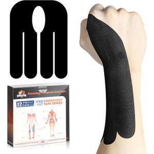 12 Count Kinesiology Tape for Thumb, Pre-Cut Waterproof KTquick Thumb Tape for Thumb Pain Relief Pre Cut, Original Cotton Athletic Tape, Durable Thumb Tape for Sports and Long-Lasting Support (Black)