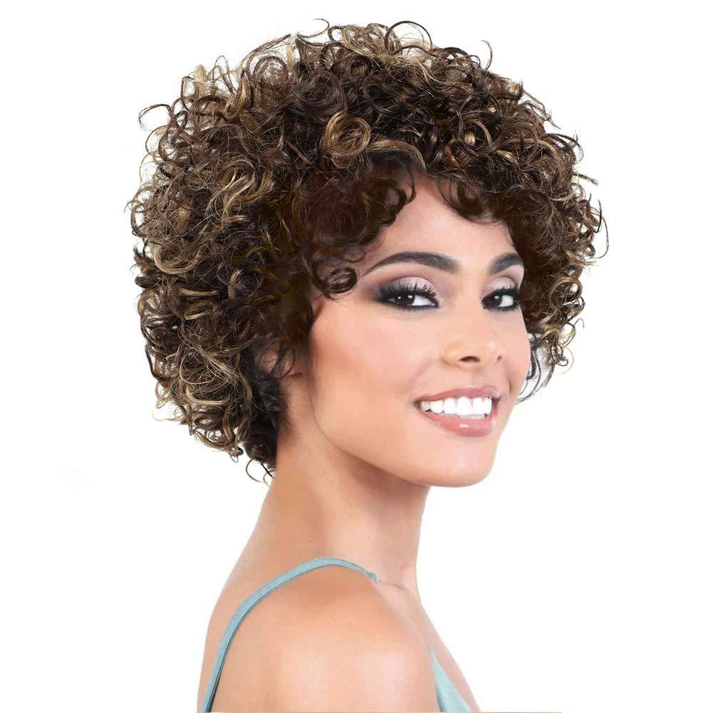 HUA Short Human Hair Wigs for Black Women Glueless 4/27 Color Brazilian Bouncy Curly Short Pixie Wigs for Black Women Blonde Highlights for 50/60th Birthday Gifts for Mom/Grandma
