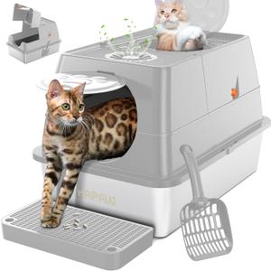 Stainless Steel Litter Box with Lid, 135 Flip-Top Extra Large Cat Litter Pan, Enclosed Metal Litter Box with Litter Scoop & Filter Pedal, Anti-Leakage, Odor Free, Front & Top Dual Entry (Light Gray)