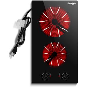 2 Burner Electric Cooktop - 12 Inch 2000W Electric Stove Built-in & Countertop, Two Burner Ceramic Cooktop with Knob Control, 9 Power Level, Over Heat Protection, 110-120V Plug in (Grey Konb), 12 Inch Black Knob