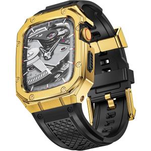 SUPLINK Stainless Steel Case and Soft Silicone Band Compatible with Apple Watch Bands 42mm 44mm, Metal Rugged Cover Replacement Sport Strap for iWatch Apple Watch Series SE 6 5 4 3 2 1 Men Gold