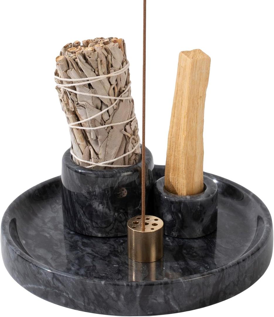 4 in 1 Marble Incense Holder, Natural Marble Incense Burner for Meditation, 9 Incense Holes Suitable for Most Incense Types (Black)