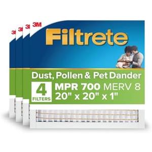 Filtrete 20x20x1 AC Furnace Air Filter, MERV 8, MPR 700, Tough on Pollen, Easy on Airflow, 3-Month Pleated 1-Inch Electrostatic Air Cleaning Filter, 4-Pack (Actual Size 19.880 x 19.880 x 0.78 in)