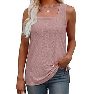 Womens Summer Tops Square Neck Side Split Loose Fitting Tops for Women Eyelet Embroidery Sleeveelss Dusty Pink, Small