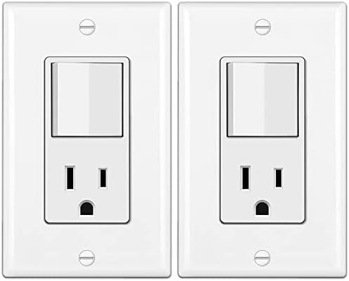 BESTTEN 1 Pack Combination Wall Light Switch and Decor Outlet, Single Pole Rocker Switch, 15A/120V, Decorative Receptacle, 15A/125V, Combo Style, Wallplate Included, Side Wire, UL Listed, White