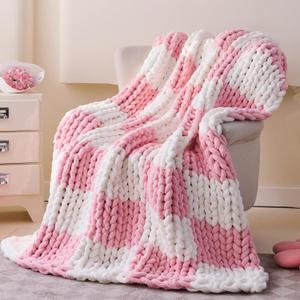 Admitrack Chunky Knit Blanket Throw 51"x63", 100% Hand Knit Chenille Throw Blanket for Sofa & Home Decor, Soft and Cozy Knitted Throw Blankets (Pink Checkered51"x63")