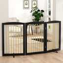 PUPETPO Freestanding Pet Gate for Dogs, Foldable Wooden Dog Gate for House Indoor, Step Over Pet Puppy Safety Fence for Stair, Doorway,Hall, Support Feet Included,3 Panels 32",Black&Gold