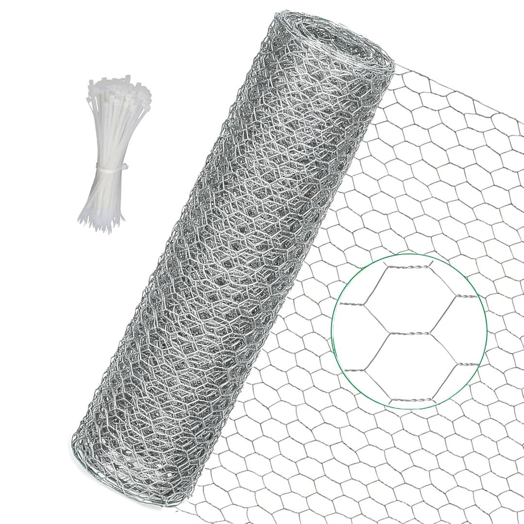 Chicken Wire Fencing, 16 in x 472 in (40cm x 12m) Chicken Wire Mesh Roll, 1 in Mesh Poultry Wire Netting, Anti-Rust Hexagonal Galvanized for Chicken Coop Crafts Garden Fence with 50 Zip Ties
