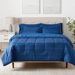 Amazon Basics Full/Queen Comforter Set with Sheets, 7-Piece Blue Calvin Striped Bedding, Lightweight Microfiber Bed-in-a-Bag
