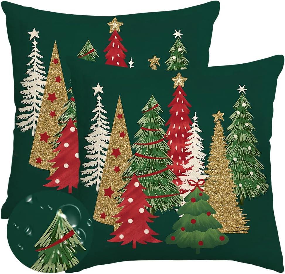 RABUSOFA Christmas Decor Pillow Covers 20x20 Inch Outdoor Waterproof Tree Christmas Decorations Dark Green Throw Pillow Cases Xmas Winter Decorative Pillows for Couch Holiday Gold