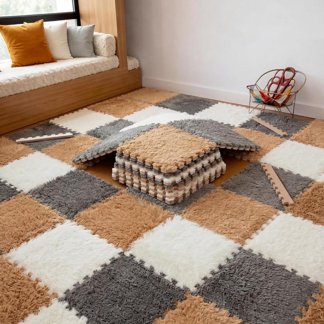 Tinideya 16 Pcs Plush Interlocking Carpet Tiles 12"x12" Puzzle Carpet Squares Washable Non-slip Soft Foam Plush Floor Tile for Playroom Nursery Bedroom Living Room, 49 x 49'' Area (Brown, Gray, Beige)