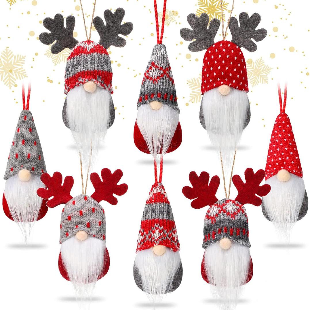 Skylety Christmas Tree Hanging Gnomes Plush Christmas Ornaments Elk Swedish Handmade Gnome Decor Mini Halloween Scandinavian Santa Holiday Decoration for Walls Stairs Windows(8 Pieces)
