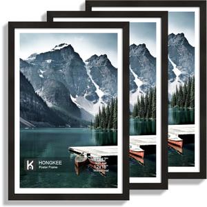 12x18 Frame Set of 3 - Display 11x17 Photo with Mat or 12 x 18 Poster without Mat, Wall Mounting Horizontal and Vertical, Black