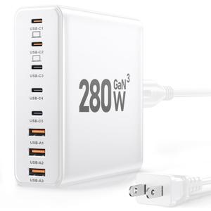 280W USB C Charger Block, 8-Port USB C Charging Station GaN III PD 65W Laptop Charger Adapter Compatible with MacBookPro/Air,DELL,iPad,Portable Charging Station for iPhone,Samsung Galaxy (White)
