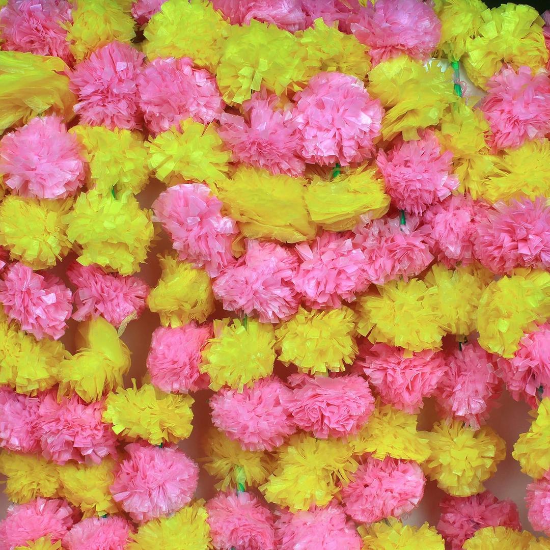 Artificial Marigold Flowers Hanging Garlands for Decoration of Doors Windows Walls, 4.5 Ft Each 5 Pcs, Yellow & Pink