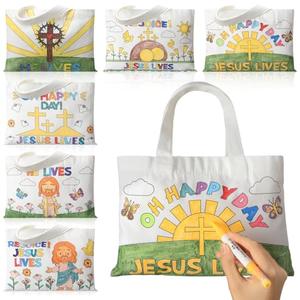 Locmeo 18 Pcs He Lives Easter DIY Crafts Coloring Canvas Bags 10 x 7 Inch Colorful Gift Tote Bags Reusable Party Favor with Handles for Christian Party Supplies