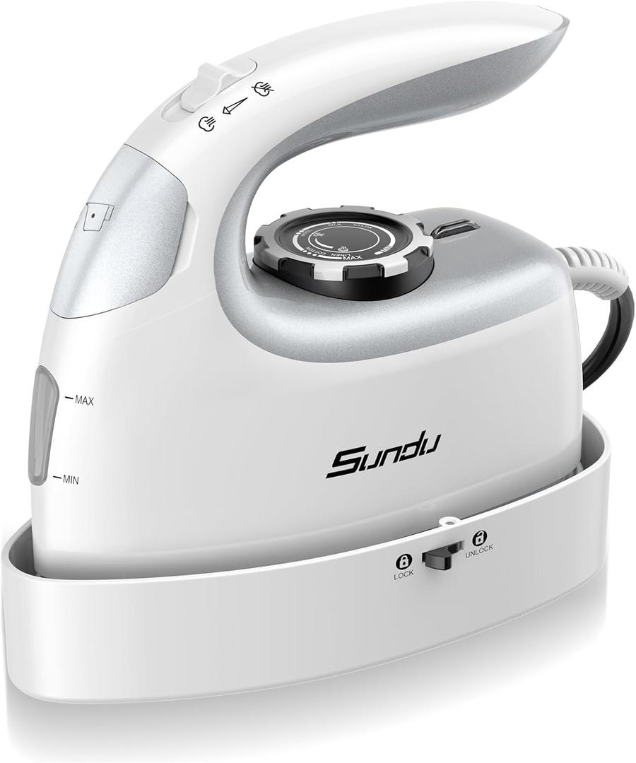 Sundu Mini Travel Steam Iron, 1000W Portable Small Iron with Non-Stick Plate, 300 Steam Holes, 90ml Tank, Safety Base & Digital Temp Control for Quilting Sewing-Silver