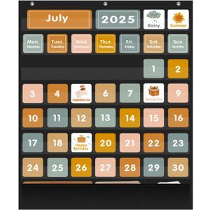REGELETO Boho 46+3 Pockets Calendar Pocket Chart with 92 Cards for Classroom,Large Size: 28.75 x 24 inch Black Monthly Calendar and Weather Pocket Chart for Kids Learning for Home or Kindergarten