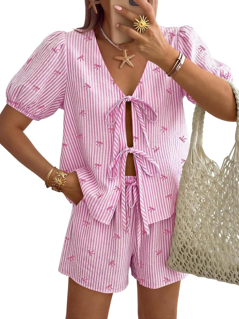 Trendy Queen Short Sets Women 2 Piece Summer Vacation Beach Outfits Going Out Matching Clothes Cute Striped Tie Front Tops (Pink, L)