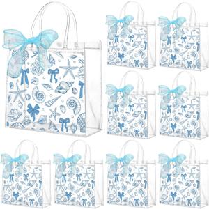 Motipuns 24 Pcs Beach Clear PVC Gift Bags with Handles and Ribbon Beach Bows Blue Party Favor Reusable Ocean Seashell Conch Starfish Plastic Goodie Candy Treat Bags for Birthday Party Supplies