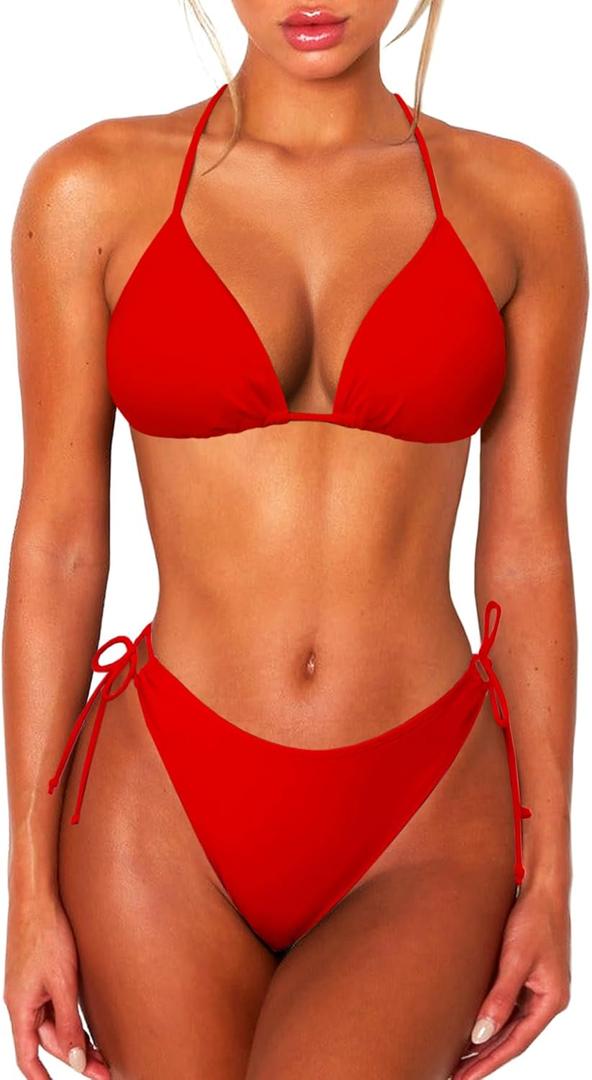 OZICERD 2 Piece Bikini Sets for Women Halter Triangle Bikini Tops Brazilian String Swimsuit Full Coverage Bottom Bathing Suit, Small