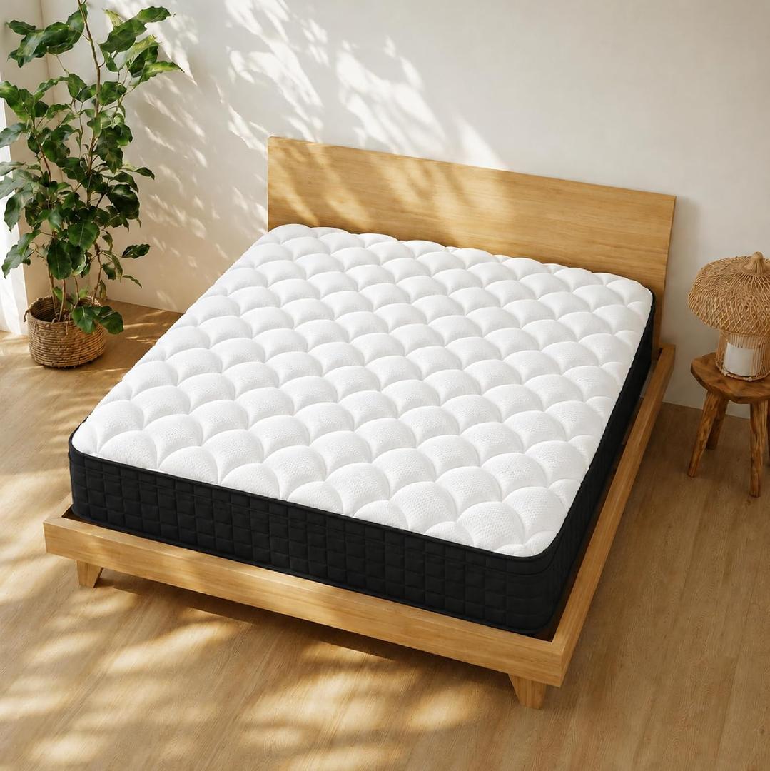 Queen Size 12 Inch Hybrid Innerspring Mattress, Individual Pocket Coils Gel Memory Foam, Medium Soft Black & White Cover, Fiberglass Free CertiPUR-US Certified Compressed Bed in a Box, 60" x 80"