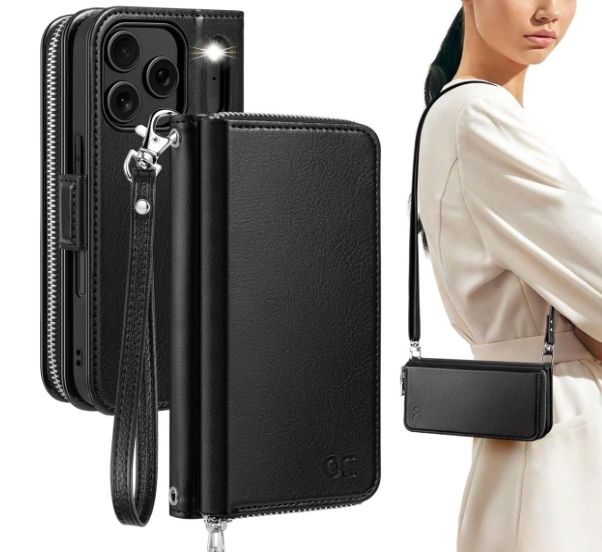 OCASE for iPhone 17 Pro Crossbody Wallet Case  Stylish PU Leather Handbag Phone Purse with Zipper Closure, Card Slots & RFID Blocking  Wrist Strap, Lanyard, Kickstand  Black