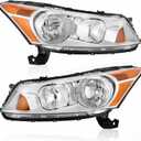 AUTOSAVER88 Headlight Assembly Compatible with 2008-2012 Accord 4-Door Sedan Headlamp Replacement Chrome Housing Amber Reflector - Pair Set