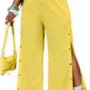 Verdusa Women's Button Down Slit Wide Leg Pants Streetwear Loose Trousers with Pockets (Yellow)