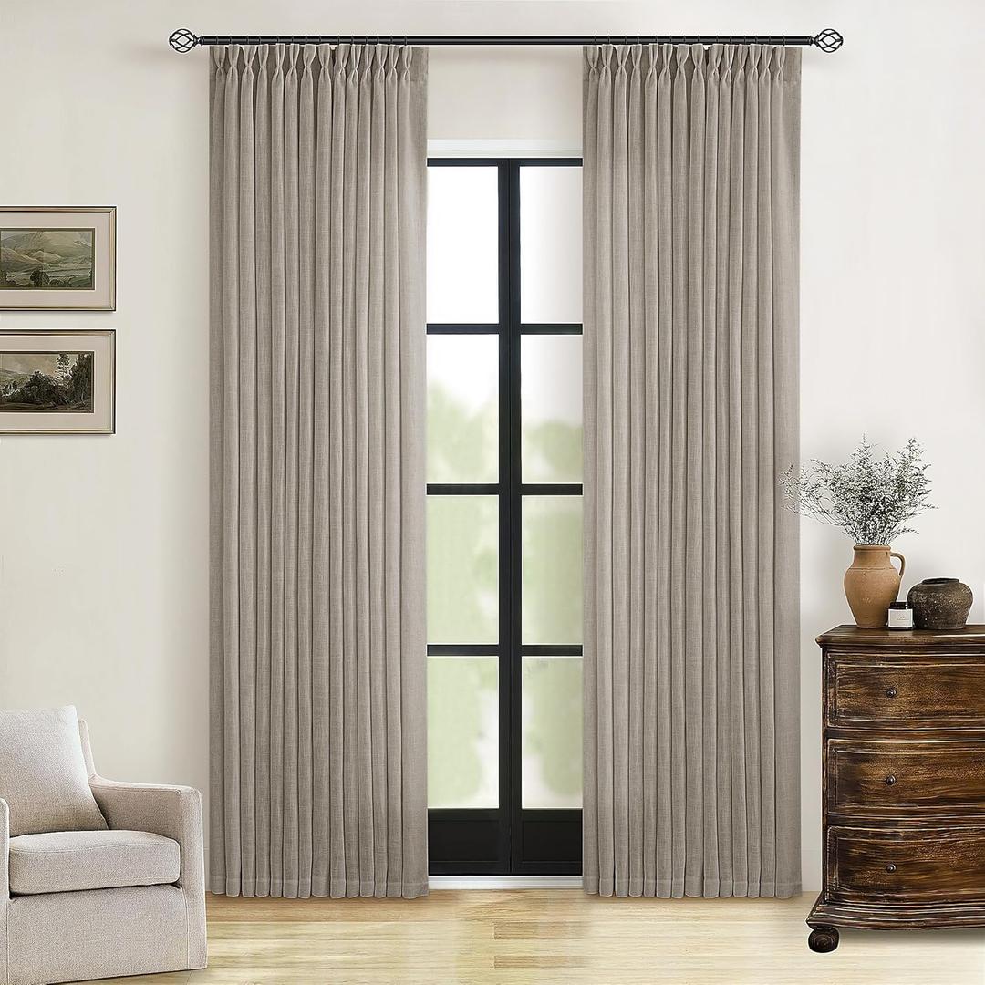 Modern Farmhouse Linen Curtains 80 Inches Long 2 Panels Set for Living Room Bedroom Pinch Pleated Back Tab Thick Drapes Neutral Decor Taupe Semi Sheer 80 Inch Curtains for Dining Room Window Cabin (Burlywood Birch)