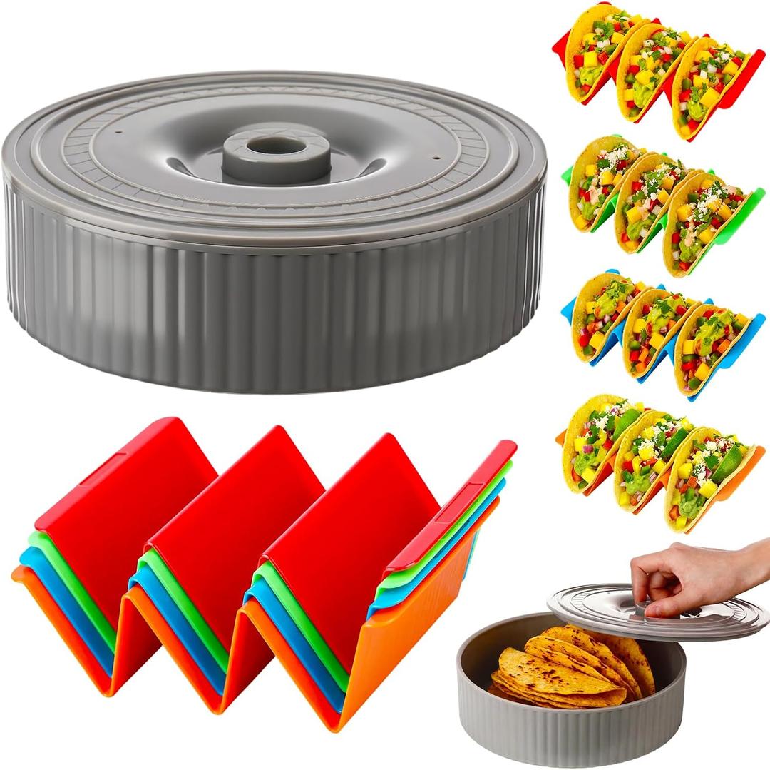 Domensi Colorful Taco Holder Stands Set of 4 Taco Holder for 3 or 2 Included Tacos Tortilla Warmer with Lid Pancake Warmer Nice for Keeping Tortillas Pancakes Waffles Dishwasher & Microwave Safe