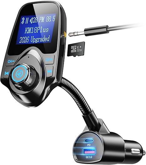 Nulaxy [2026 KM18 Upgraded Version] 48W Bluetooth 5.4 Car Adapter with Fasting Charging Ports [PD 30W & QC3.0 18W], Supports HandsFree Call, 1.44" Screen Wireless Radio FM Transmitter, Black