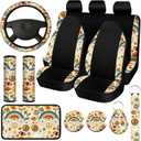 Riakrum 15 Pcs Boho Hippie car seat Covers Full SetDaisy Rear Front Seat Protector Steering Wheel Cover Seat Belt Cover Armrest Pad Cup Mat Keychain Wrist Strap,Cute Car Accessories for Women