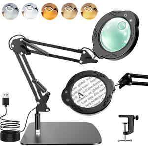 Magnifying Glass with Light and Stand, 10X 30X Desktop LED Magnifying Lamp with Base and Clamp, 5 Color Modes, 3 Dimmable Levels Hands Free Magnifying Glass for Reading, Close Work, Crafts, Jewelry