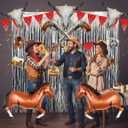 Cowboy Party Decorations Set - 12pcs Western Theme Supplies with Silver Fringe Backdrop, Horse, Revolver & Bull Skull Balloons, Bandana Banner for Birthday