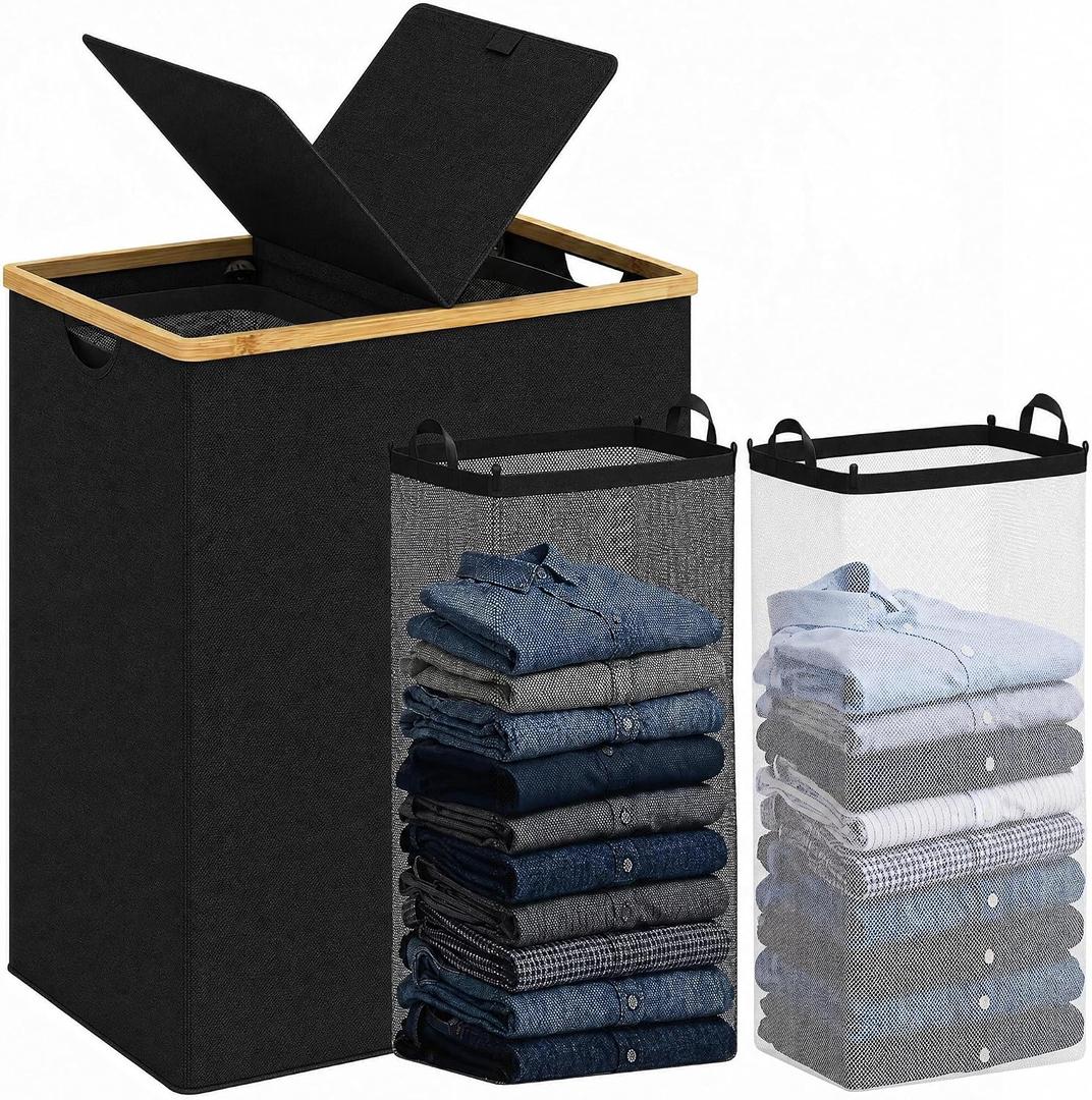 efluky Double Laundry Hamper with Lid and 2 Removable Bags, Black, 170L Dual