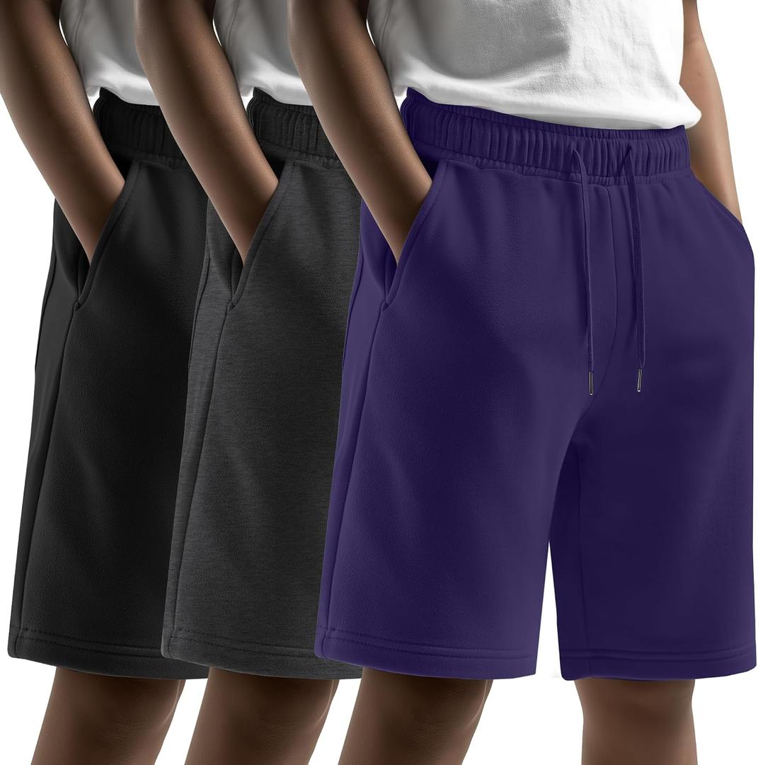 3 Pack Boy's Sweat Shorts 7" Drawstring Knee Baggy Athletic Wide Leg Bermuda Shorts for Casual Sports with Pockets