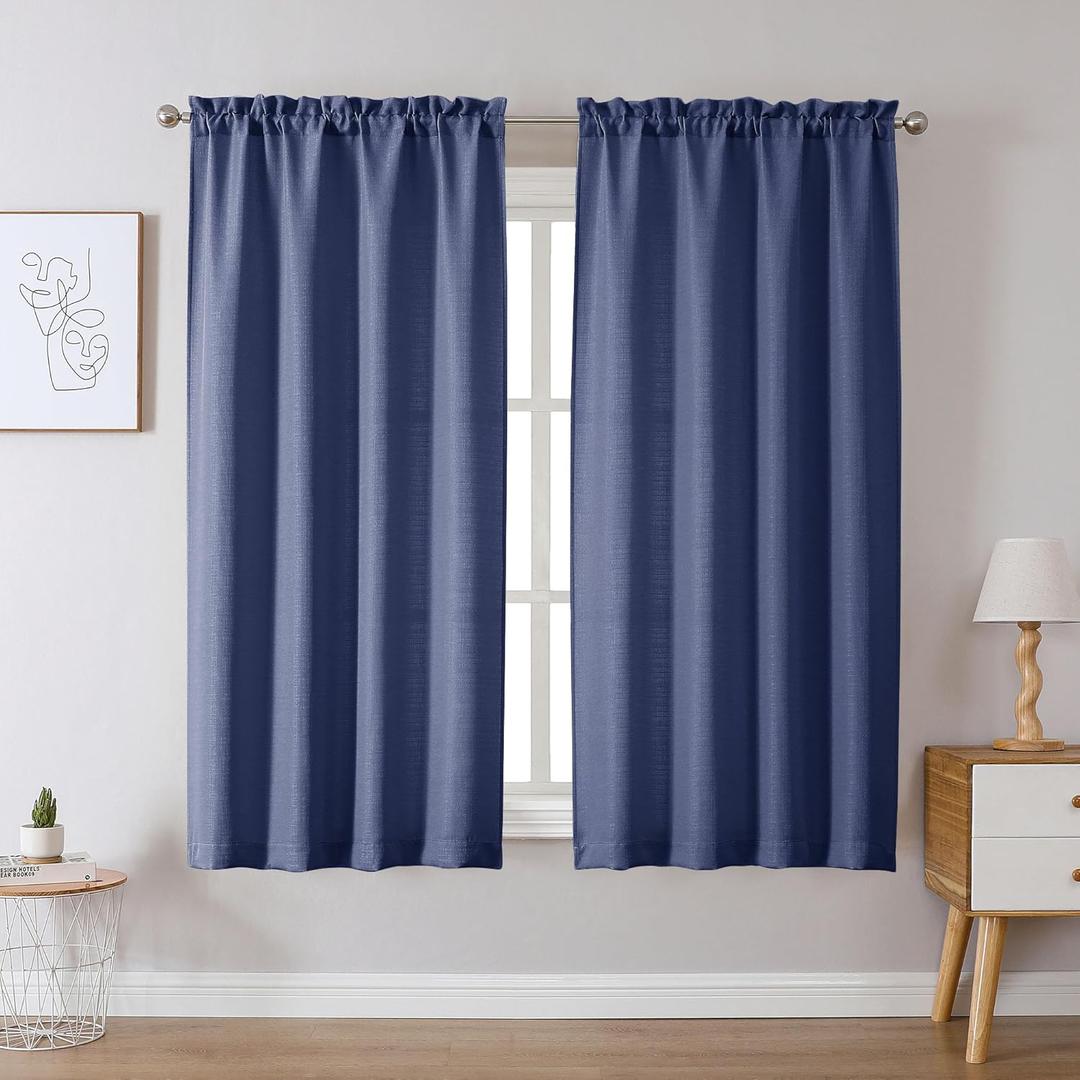 Chyhomenyc Bennet Blue Curtains 45 Inch Length 2 Panels, Faux Linen Textured Semi Sheer Light Filtering Soft Airy Rod Pocket Window Treatment Drapes for Living Room Bedroom, Each 30" Wx45 L