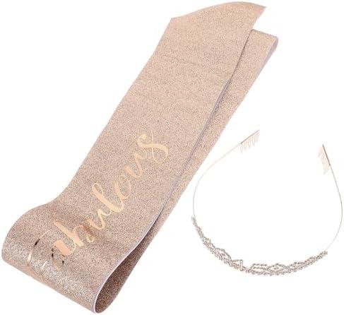 LABRIMP Rose Gold 45th Birthday Tiara and Sash Set with Crystal Rhinestone Party Crown Headband for Women Event Hair Accessory and Cake Topper Decor
