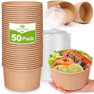greensight 42oz Disposable Soup bowls, 50 Pack Paper Bowls With Lids, Large Salads Bowls, Heavy Duty Serving Bowls For Hot/Cold Food (Kraft)